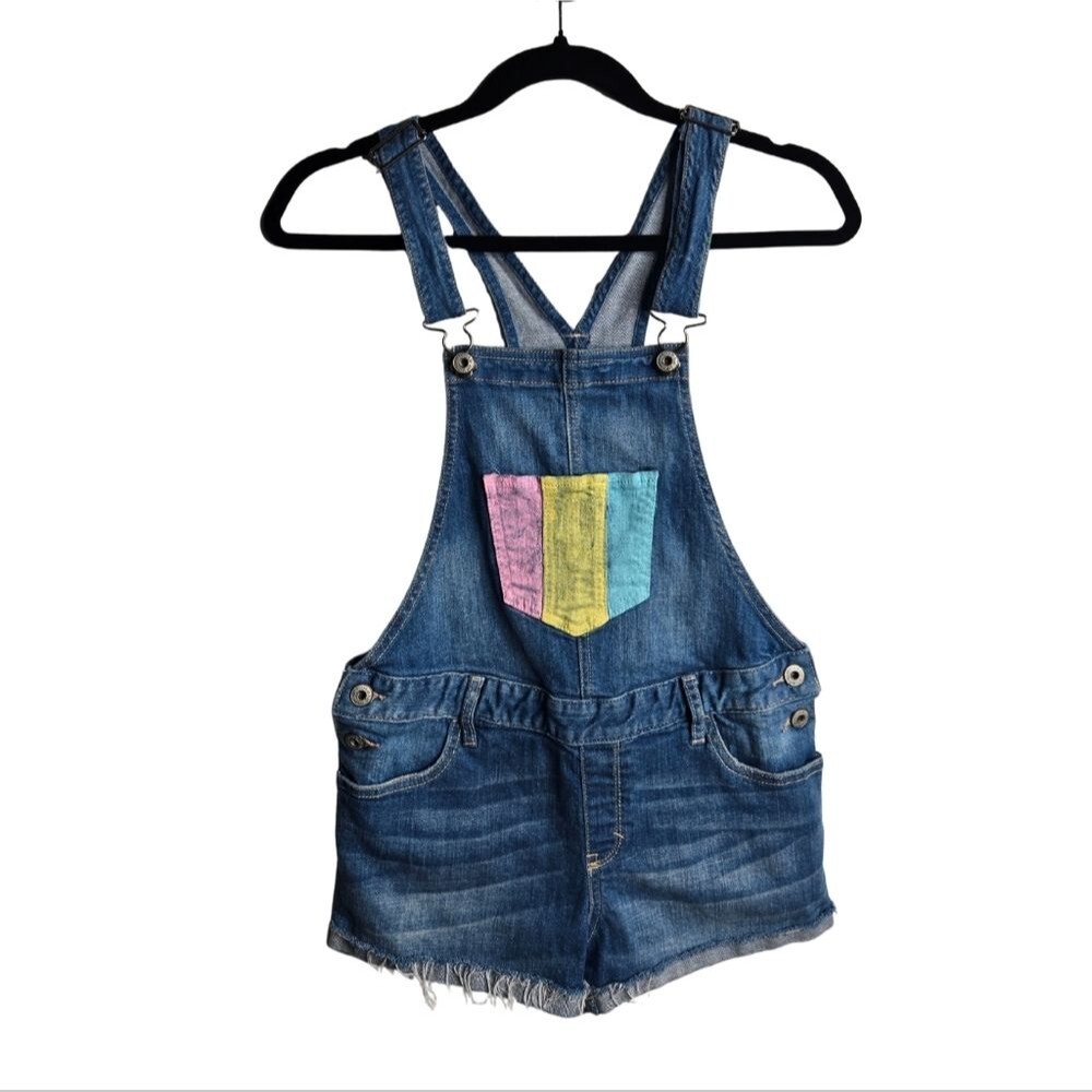 Abercrombie Kids Girls XL Denim Overall Shorts Shortalls Pastel Paint Distressed